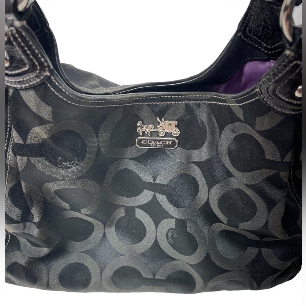 Coach Madison Hobo Bag Black Leather & Canvas Purple Satin Lining | Style 14324
